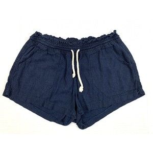 April Kiss Women’s Sz M Linen Blnd Pull-On Shorts Navy Blue Drawstring Pockets